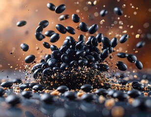 A cascade of glossy black soybeans frozen mid-air, suspended above a scattering of their brethren on a dark, reflective surface, evoking a sense of dynamic motion and natural abundance