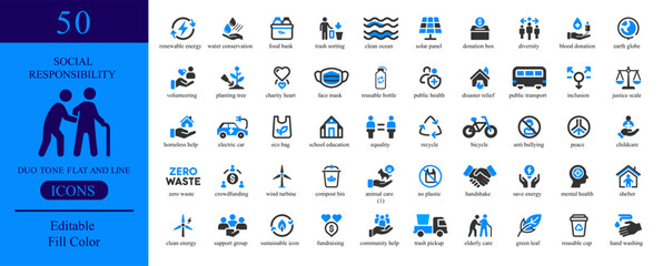 Vector art of set of 50 social responsibility icons representing ethical and sustainable practices