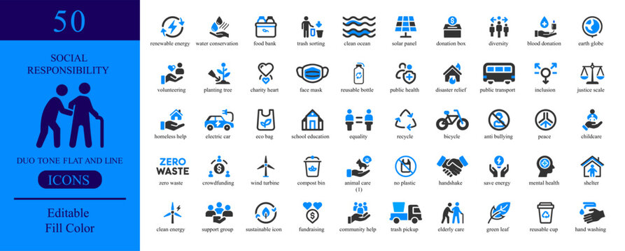 Vector art of set of 50 social responsibility icons representing ethical and sustainable practices