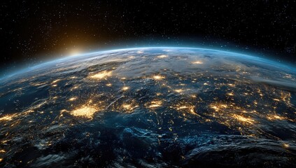 Obraz premium Earth at night, with city lights illuminating continents. Sunrise peeks from behind the planet's edge. A view from space, highlighting the illuminated areas of a globe