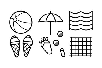 Vector art of beach icons with ball, umbrella, wave, ice cream
