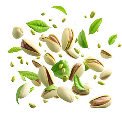 Pistachios and leaves falling on black background