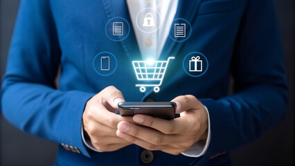 Man using smartphone for online shopping with digital icons