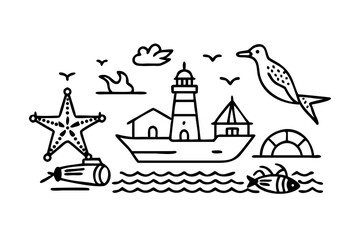 Vector art of seascape with lighthouse, ship, seagull, and starfish