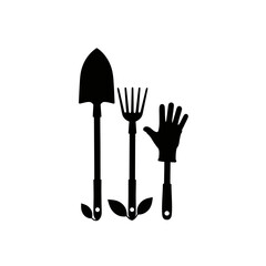 Essential gardening tools silhouette a shovel, rake, and glove with green leaf accents