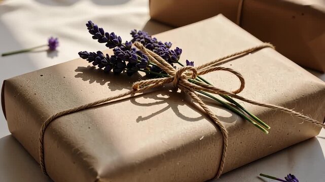 Beautifully Wrapped Gift Box with Natural Lavender Accent, Highlighting Rustic Charm and Eco-Friendly Packaging Aesthetics