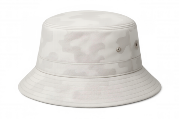 White bucket hat featuring camouflage print, studio-photographed against transparent backdrop, ideal for design presentations