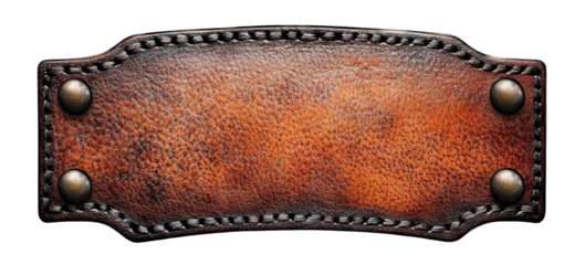 Brown stitched leather nameplate with metal rivets, isolated on transparent cutout background