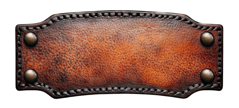 Brown stitched leather nameplate with metal rivets, isolated on transparent cutout background - Powered by Adobe
