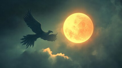 Obraz premium Mythical bird flying at night moon