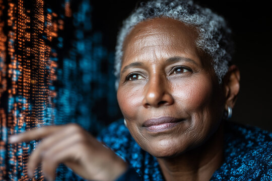 Senior woman interacting with digital data visualization on futuristic screen