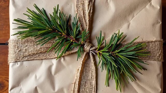 Rustic Gift Wrapped in Brown Paper with Burlap Ribbon and Pine Branch for Natural Holiday Celebration
