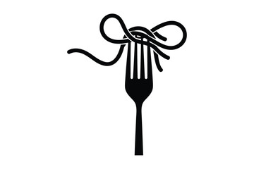 Black silhouette of a fork with spaghetti noodles artfully arranged in a bow shape
