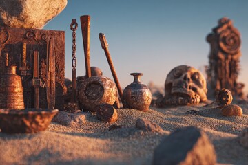 Rusty artifacts in desert sand at sunrise