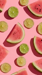 Watermelon and lime slices on pink