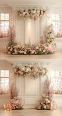Floral backdrop, light cream walls, soft pinks