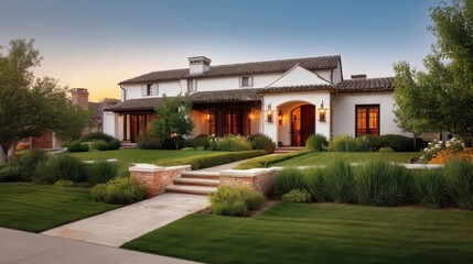 Modern high-tech house with well-maintained lawn, stone pathway leading to the entrance, white exterior,