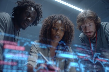 Diverse team analyzing futuristic digital data hologram in office