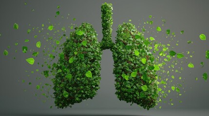 Fototapeta premium 3D render of human lungs made of green leaves symbolizing clean air, sustainability, and environmental health