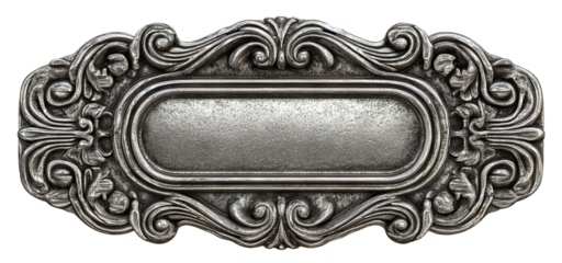 Vintage tin nameplate with ornate floral frame, isolated on transparent cutout background