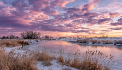 Fototapeta premium Winter sunrise over a frozen river. Pastel sky, frosted reeds