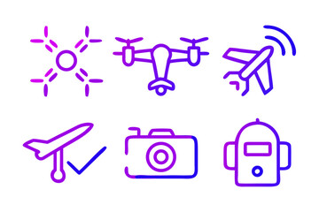 Vector art of set of six gradient icons about drone and camera