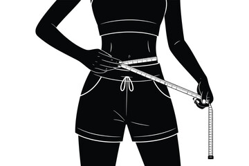 Silhouette of a woman measuring her waist with a tape measure for fitness and health