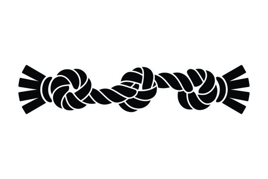 Strong black rope with knots and frayed ends on white background