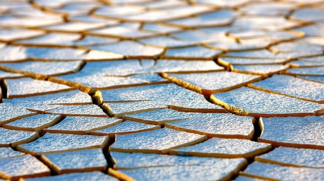 The cracked surface of dried ground in an arid region, with deep shadows between parallelogram shaped segments,