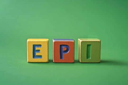 Colorful alphabet blocks spell EPI representing education growth and learning on a vibrant green background, Generative AI.