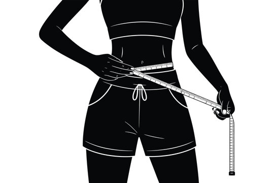 Silhouette of a woman measuring her waist with a tape measure for fitness and health - Powered by Adobe