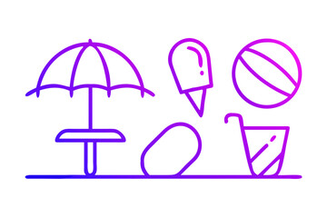 Vector art of summer beach vacation icons with umbrella, ice cream