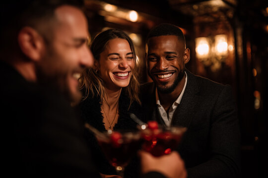Group of friends enjoying cocktails together in elegant bar