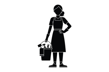 Silhouette of a woman in an apron holding a cleaning bucket and cloth