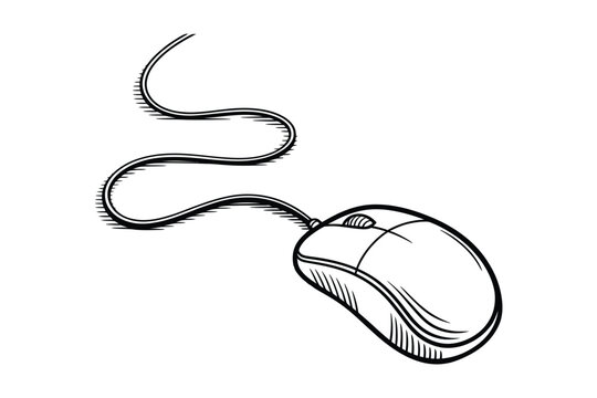 Hand drawn sketch of a classic computer mouse with a winding cord