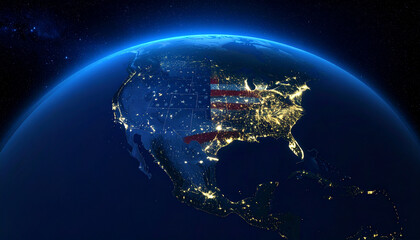 USA flag on globe in night view