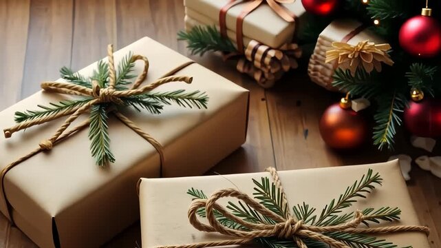 Elegant Holiday Gifts Wrapped in Brown Paper Adorned with Pine Twigs and Twine, Surrounded by Festive Ornaments and Wooden Background Ambiance