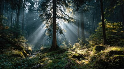 Obraz premium Sunlight streams through misty forest