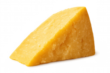 Triangular piece of aged cheese with a textured rind, isolated on a transparent background, ideal for food and culinary projects