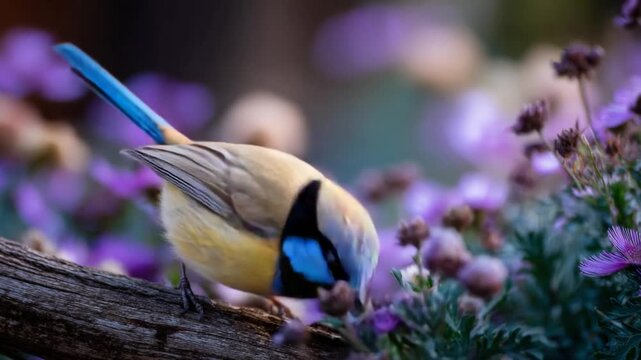 A vibrantly colored bird perched gracefully on a weathered branch amidst a profusion of purple flowers.
