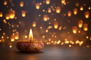 Traditional Diya Oil Lamp Glowing with Warm Flames on Dark Background for Diwali Celebration