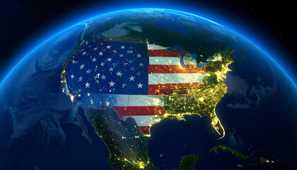 American flag on globe map illustration in moon