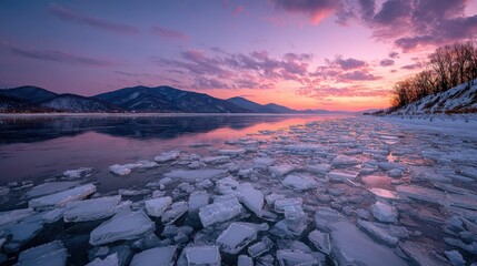 Winter sunset over a river with shattered ice