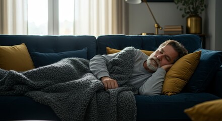 Middle-aged man sleeping peacefully on a comfortable sofa under a cozy blanket at home