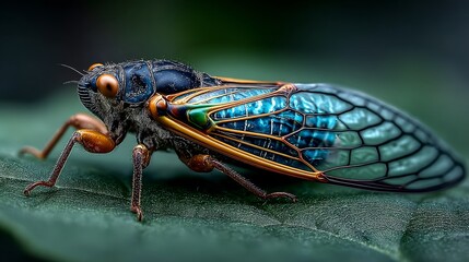 Close-up insect photography of cicada on vibrant green leaf, same composition as reference with insect positioned left facing right