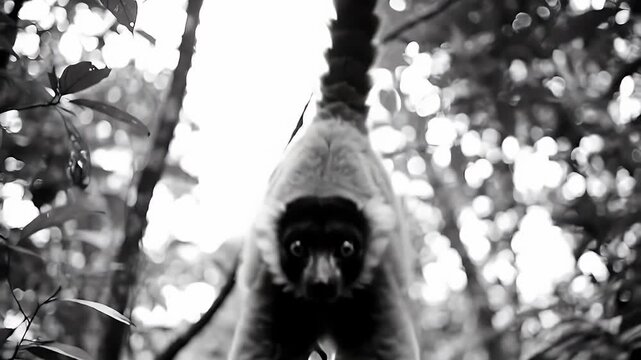 Detailed Portrait of Black and White Ruffed Lemur Hanging from a Tree Branch