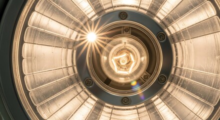 Close-up of Illuminated Modern Light Fixture with Glowing LED Bulb, Starburst Effect.