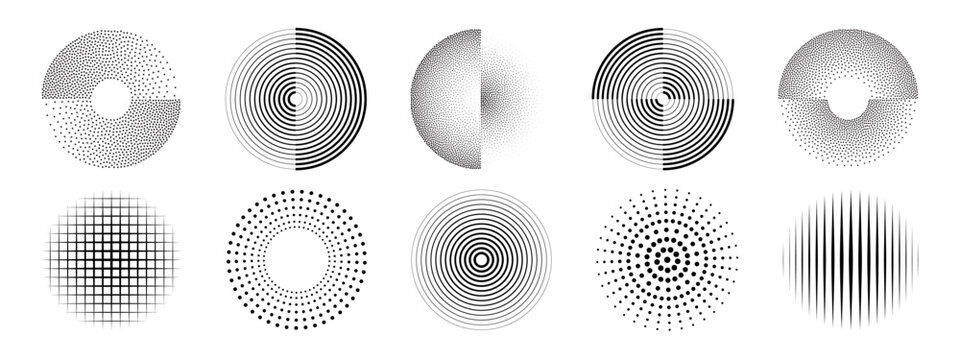 Ripple circles with dot pattern collection for graphic design - concentric rings, halftone gradients and grid textures. Modern geometric radiate elements for print or digital artwork backgrounds.