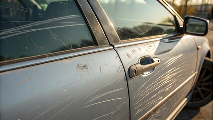 Close up of a scratched car door showing the damage from an accident or vandalism on the vehicles metal surface