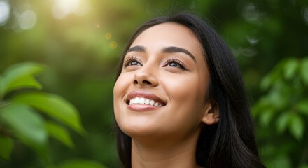 Fototapeta premium Radiant woman gazes upwards with a joyful smile amidst lush greenery